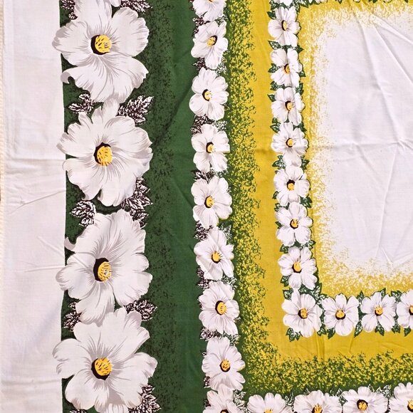 Vintage Tablecloth Floral White Yellow Green Tropical Hibiscus Border 52x64 Luau - Picture 10 of 15
